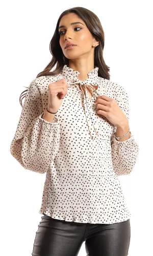 97293 Plisse Ruffled V-Neck Polyester Blouse - Off White & Black