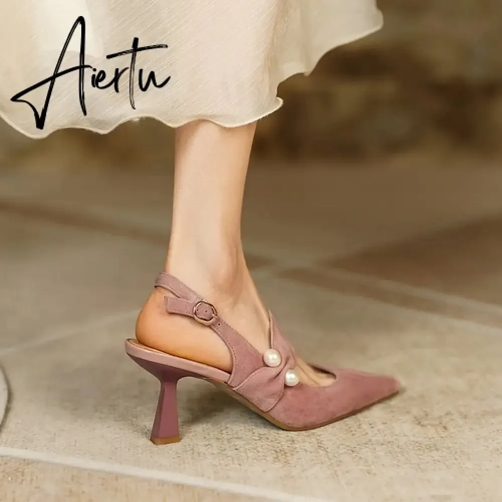 Aiertu Party Prom Women Slingbacks Pumps Summer New Kid Suede Sandals Fashion Pointed Toe High Heels Shoes Woman Heels for Women