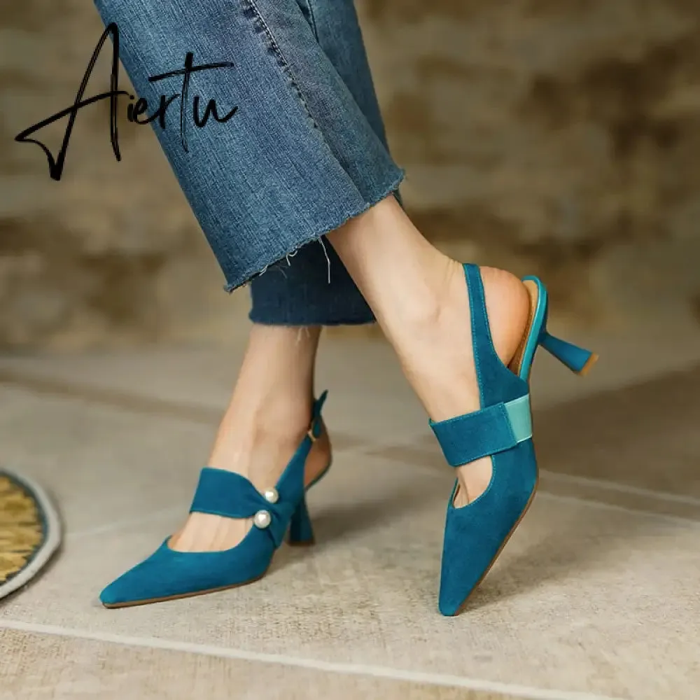 Aiertu Party Prom Women Slingbacks Pumps Summer New Kid Suede Sandals Fashion Pointed Toe High Heels Shoes Woman Heels for Women