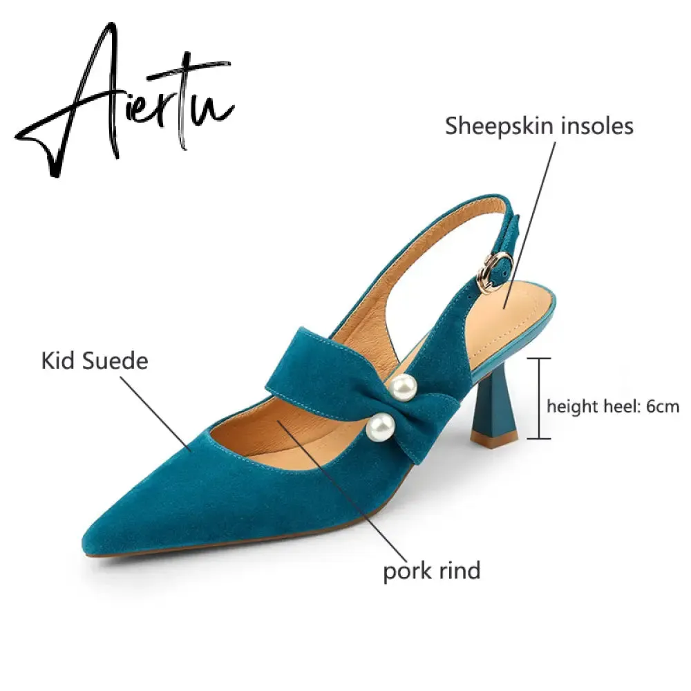 Aiertu Party Prom Women Slingbacks Pumps Summer New Kid Suede Sandals Fashion Pointed Toe High Heels Shoes Woman Heels for Women