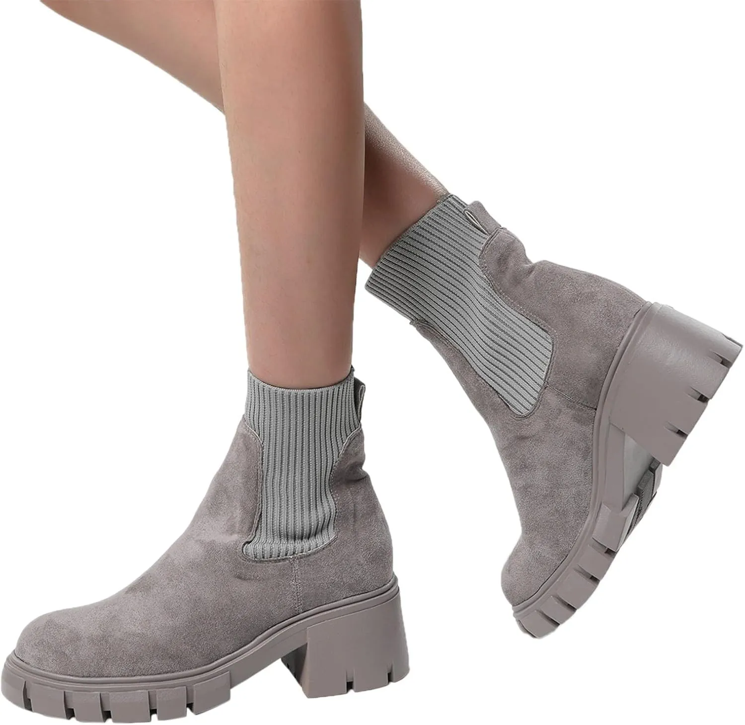 Ankle Boots for Women, Women's Fashion Platform Elastic Chelsea Boots Lug Sole Non-Slip Chunky Block Heel Combat Shoes
