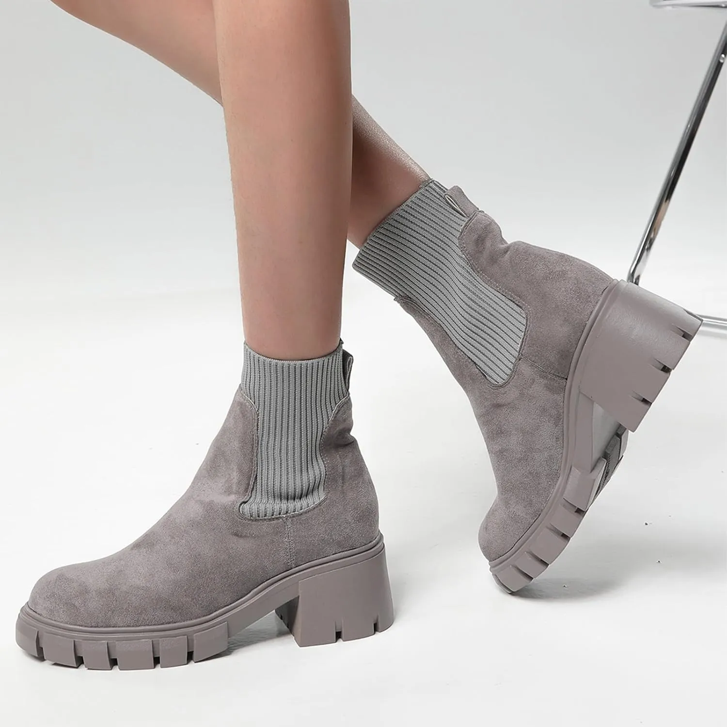Ankle Boots for Women, Women's Fashion Platform Elastic Chelsea Boots Lug Sole Non-Slip Chunky Block Heel Combat Shoes