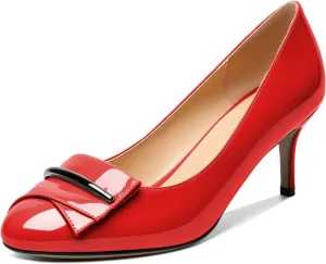 AUMOTED Women Stiletto Heel Pumps Solid Closed Round Toe Buckle Bow Pumps Slip on Patent Heeled Ladies Office Classic Dress Shoes 2.5 Inches