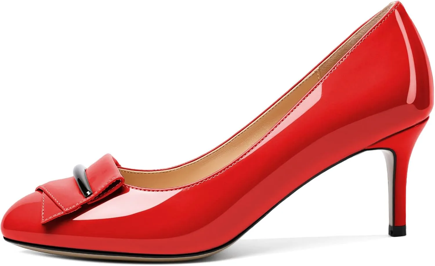 AUMOTED Women Stiletto Heel Pumps Solid Closed Round Toe Buckle Bow Pumps Slip on Patent Heeled Ladies Office Classic Dress Shoes 2.5 Inches