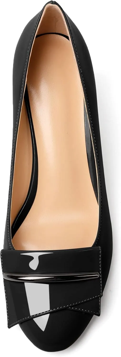 AUMOTED Women Stiletto Heel Pumps Solid Closed Round Toe Buckle Bow Pumps Slip on Patent Heeled Ladies Office Classic Dress Shoes 2.5 Inches