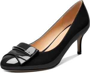 AUMOTED Women Stiletto Heel Pumps Solid Closed Round Toe Buckle Bow Pumps Slip on Patent Heeled Ladies Office Classic Dress Shoes 2.5 Inches