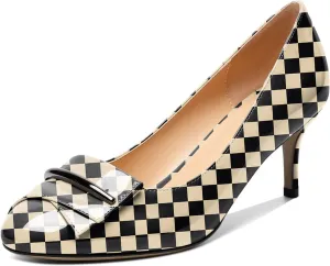 AUMOTED Women Stiletto Heel Pumps Solid Closed Round Toe Buckle Bow Pumps Slip on Patent Heeled Ladies Office Classic Dress Shoes 2.5 Inches