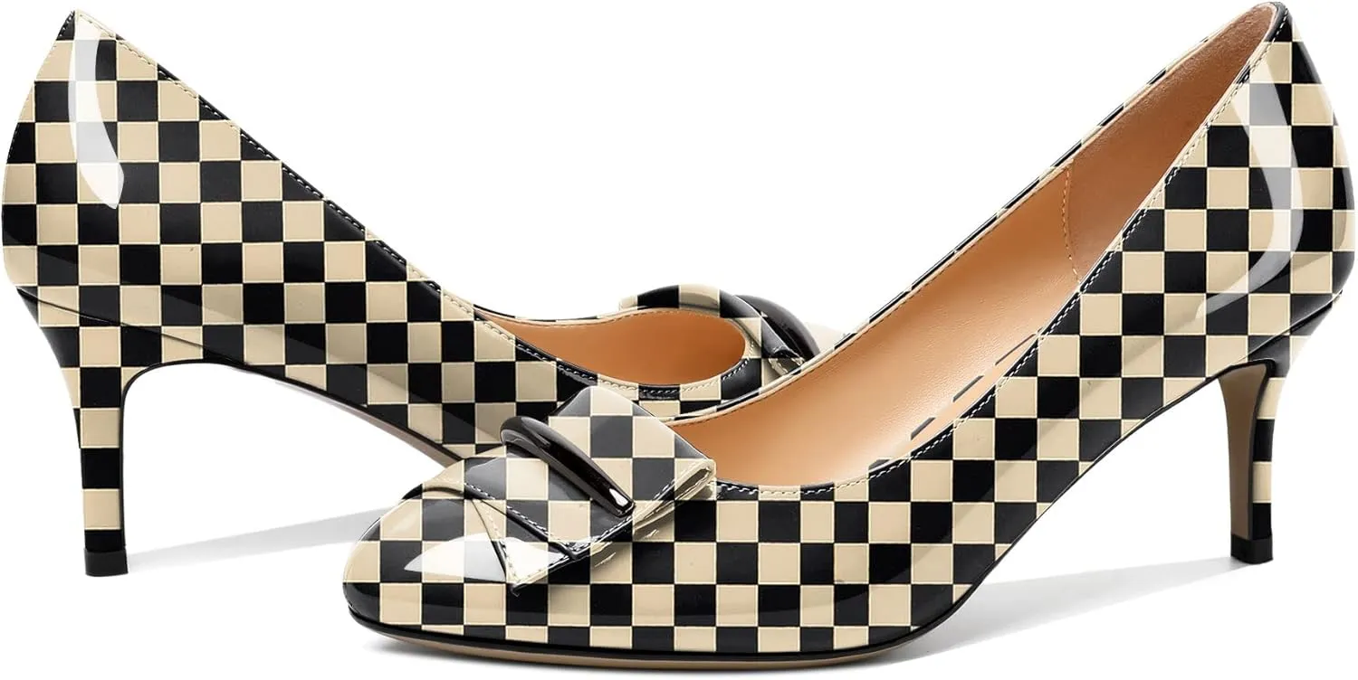 AUMOTED Women Stiletto Heel Pumps Solid Closed Round Toe Buckle Bow Pumps Slip on Patent Heeled Ladies Office Classic Dress Shoes 2.5 Inches