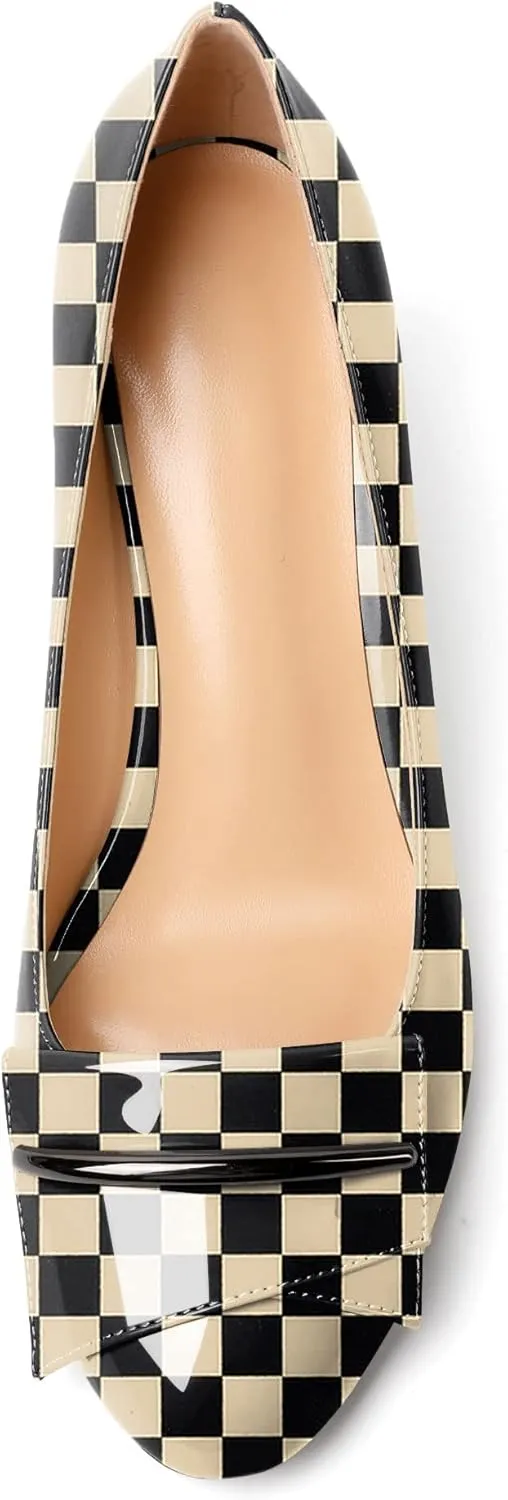 AUMOTED Women Stiletto Heel Pumps Solid Closed Round Toe Buckle Bow Pumps Slip on Patent Heeled Ladies Office Classic Dress Shoes 2.5 Inches