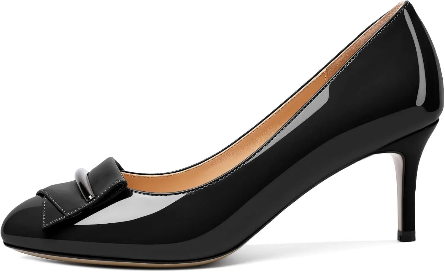 AUMOTED Women Stiletto Heel Pumps Solid Closed Round Toe Buckle Bow Pumps Slip on Patent Heeled Ladies Office Classic Dress Shoes 2.5 Inches