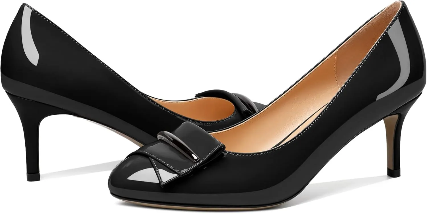 AUMOTED Women Stiletto Heel Pumps Solid Closed Round Toe Buckle Bow Pumps Slip on Patent Heeled Ladies Office Classic Dress Shoes 2.5 Inches