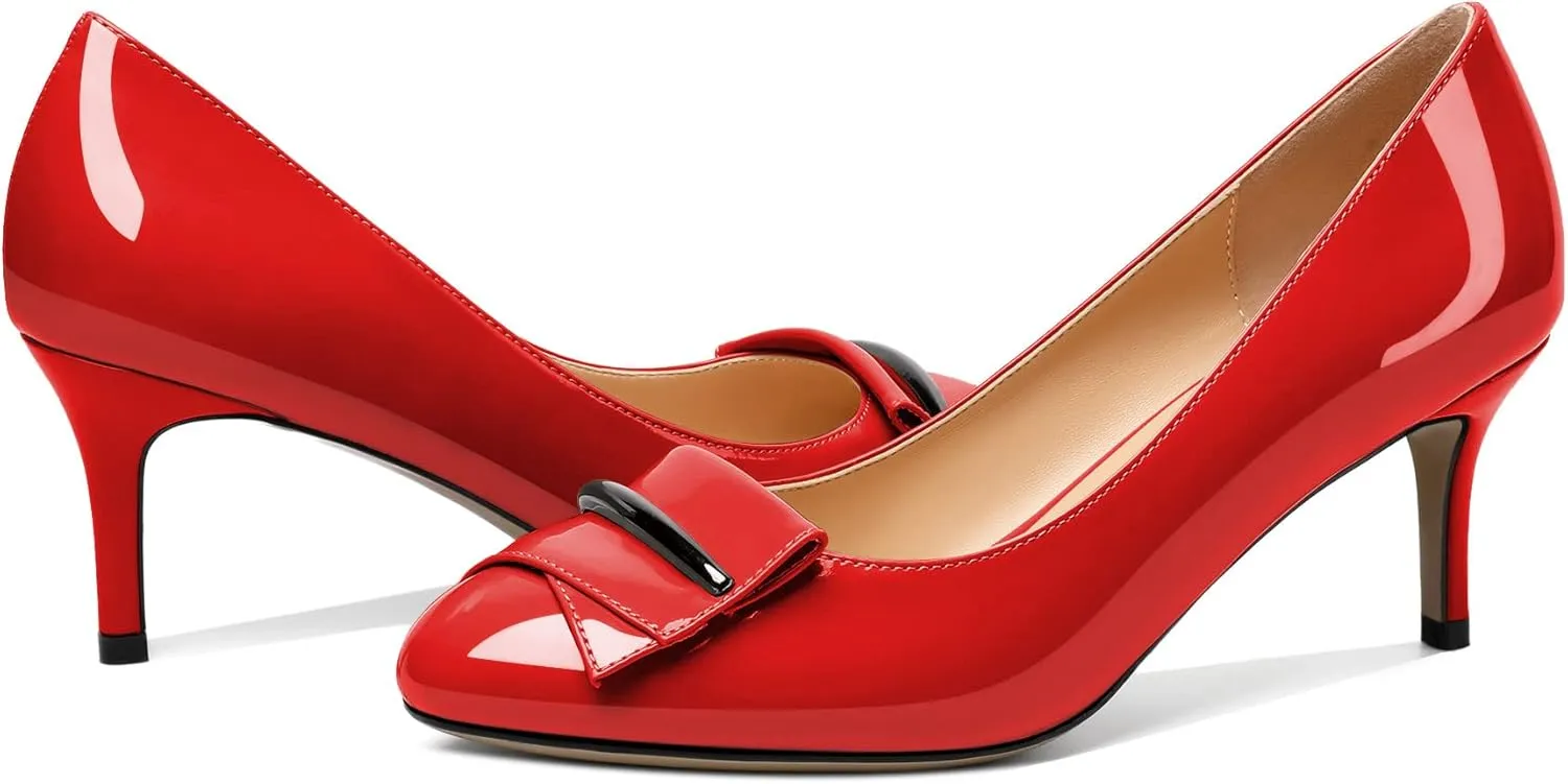 AUMOTED Women Stiletto Heel Pumps Solid Closed Round Toe Buckle Bow Pumps Slip on Patent Heeled Ladies Office Classic Dress Shoes 2.5 Inches