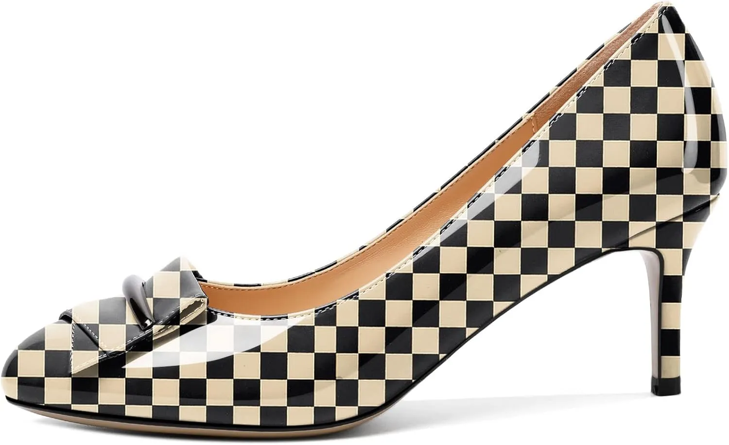 AUMOTED Women Stiletto Heel Pumps Solid Closed Round Toe Buckle Bow Pumps Slip on Patent Heeled Ladies Office Classic Dress Shoes 2.5 Inches