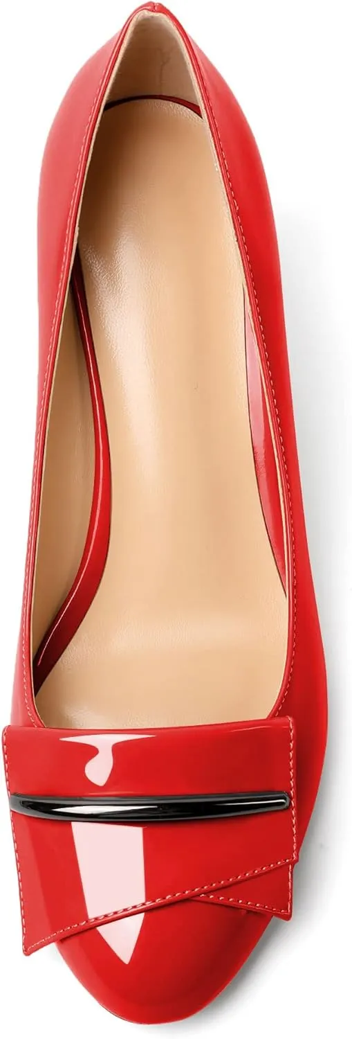 AUMOTED Women Stiletto Heel Pumps Solid Closed Round Toe Buckle Bow Pumps Slip on Patent Heeled Ladies Office Classic Dress Shoes 2.5 Inches
