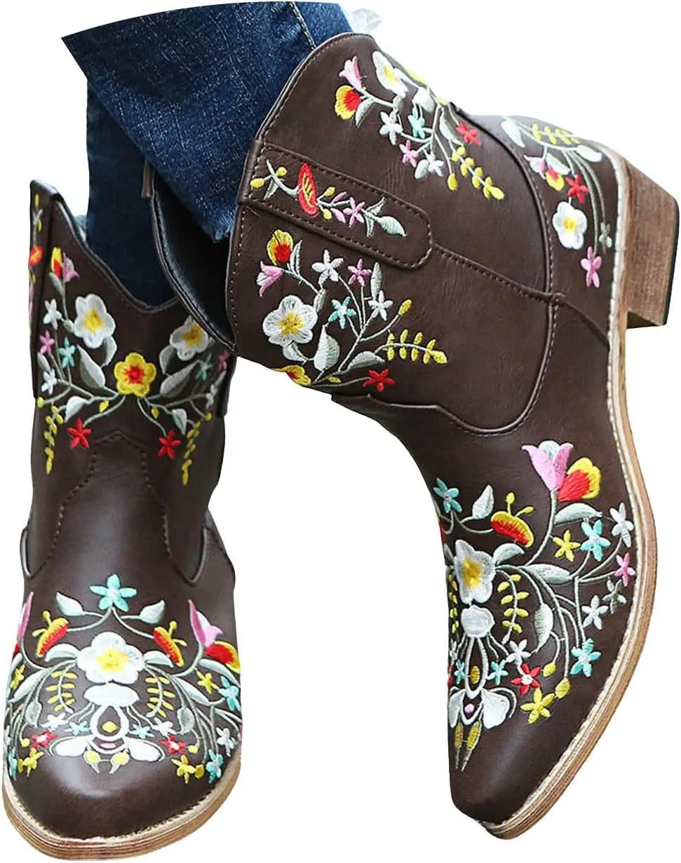 Cathalem Cowboy Boots for Women Flower Embroidered Lace Up Cowgirl Boots Square Toe Western Boots Chunky Heel Short Boots
