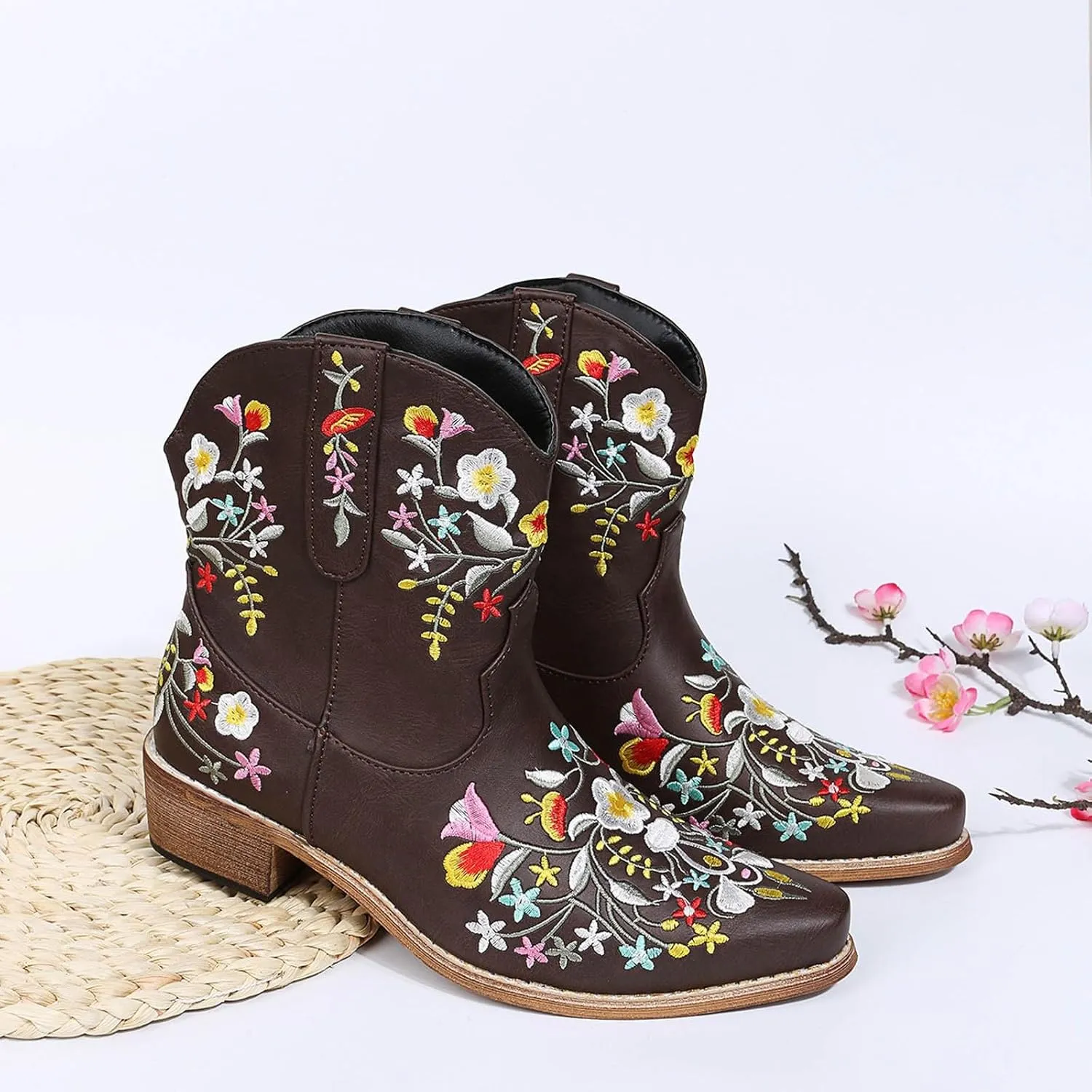 Cathalem Cowboy Boots for Women Flower Embroidered Lace Up Cowgirl Boots Square Toe Western Boots Chunky Heel Short Boots