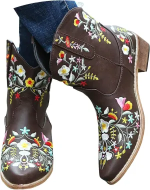 Cathalem Cowboy Boots for Women Flower Embroidered Lace Up Cowgirl Boots Square Toe Western Boots Chunky Heel Short Boots
