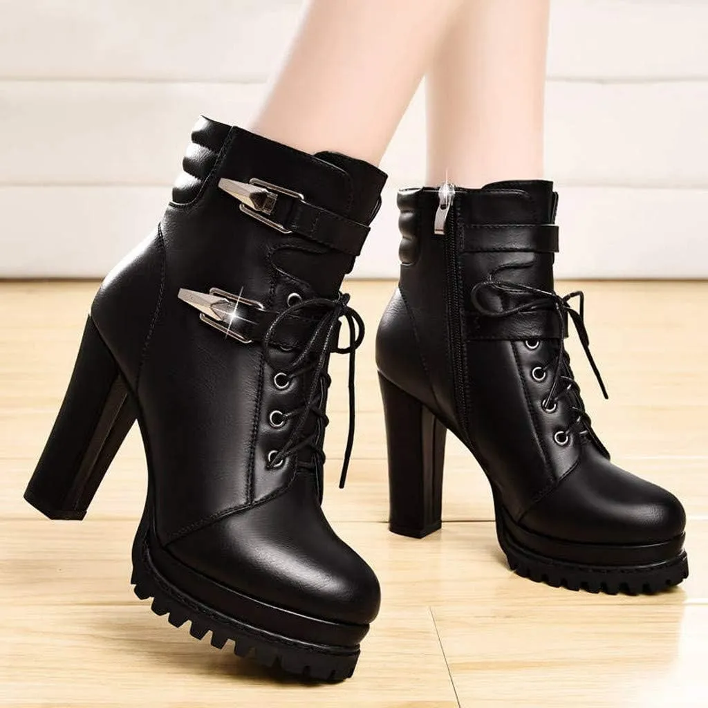 Chunky Boots For Women Platform Combat Boots High Heel Ankle Boots Dress Short Bootie Buckle Gothic Booites