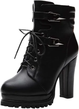 Chunky Boots For Women Platform Combat Boots High Heel Ankle Boots Dress Short Bootie Buckle Gothic Booites