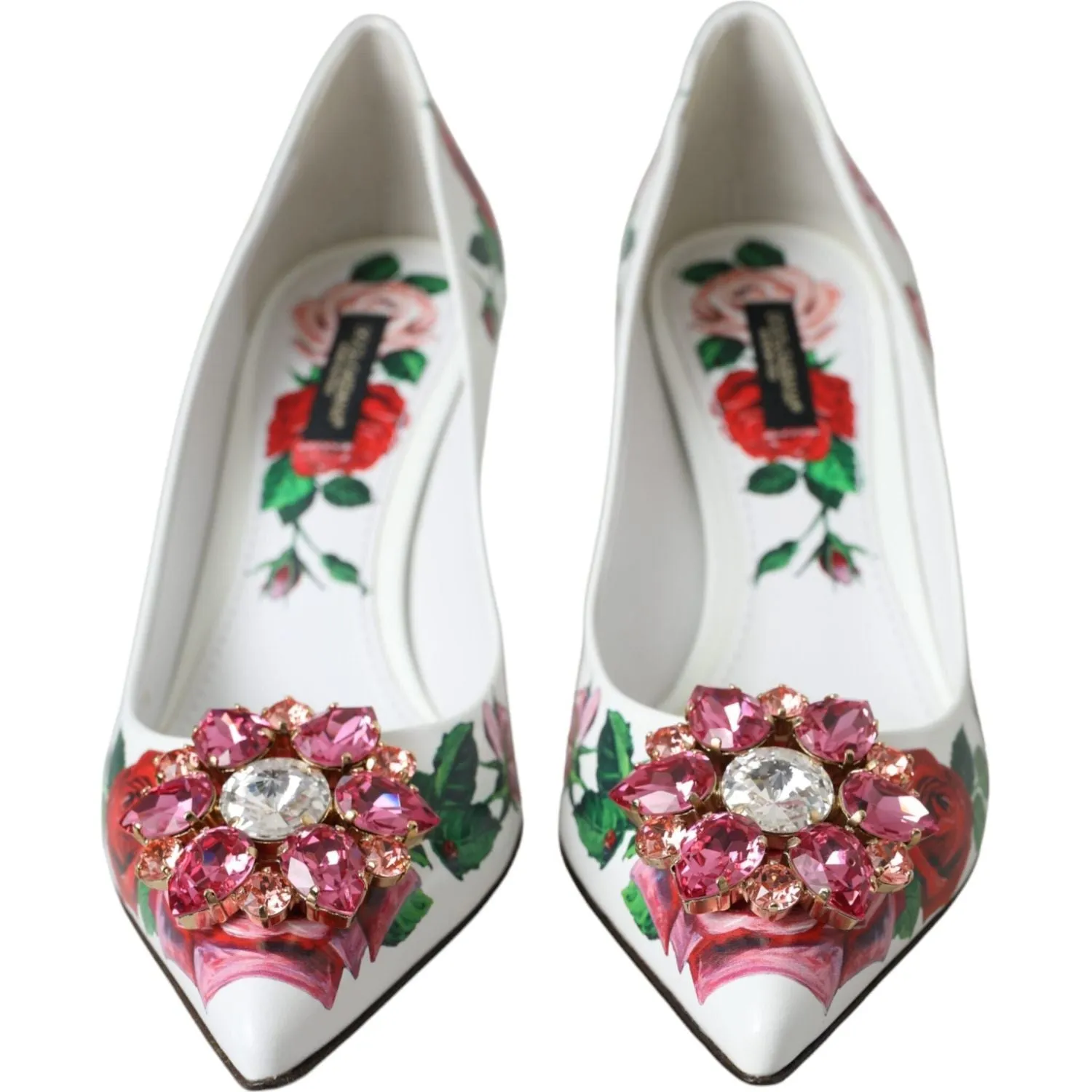 Dolce & Gabbana White Leather Roses Crystal Bellucci Pumps Shoes