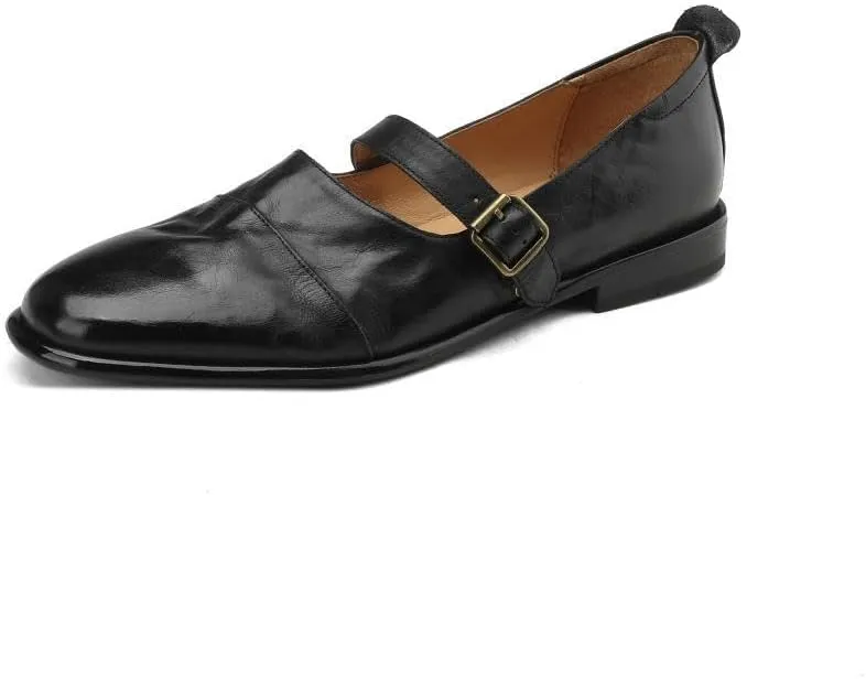 TinaCus Women's Soft Leather Handmade Round Toe Slip On Buckle Low Stacked Heel Mary Jane Flats Shoes