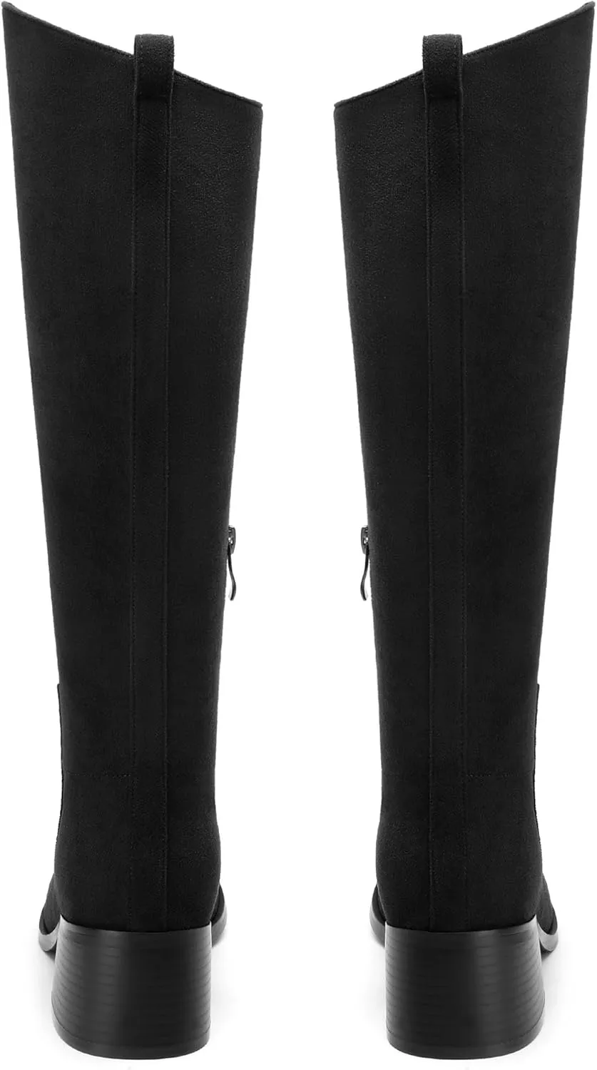 Womens Knee High Boots, Round Toe Low Block Heel Riding Boots, Cowboy Boots for Women, Chunky Heel Knee-high Tall Boots with Asymmetric Slant 2"