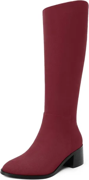 Womens Knee High Boots, Round Toe Low Block Heel Riding Boots, Cowboy Boots for Women, Chunky Heel Knee-high Tall Boots with Asymmetric Slant 2"