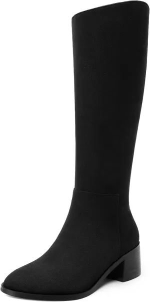 Womens Knee High Boots, Round Toe Low Block Heel Riding Boots, Cowboy Boots for Women, Chunky Heel Knee-high Tall Boots with Asymmetric Slant 2"