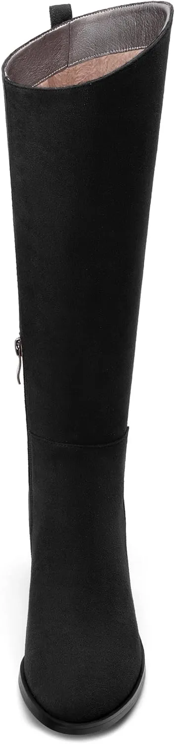 Womens Knee High Boots, Round Toe Low Block Heel Riding Boots, Cowboy Boots for Women, Chunky Heel Knee-high Tall Boots with Asymmetric Slant 2"