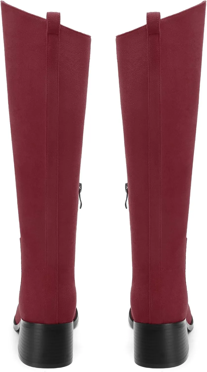 Womens Knee High Boots, Round Toe Low Block Heel Riding Boots, Cowboy Boots for Women, Chunky Heel Knee-high Tall Boots with Asymmetric Slant 2"
