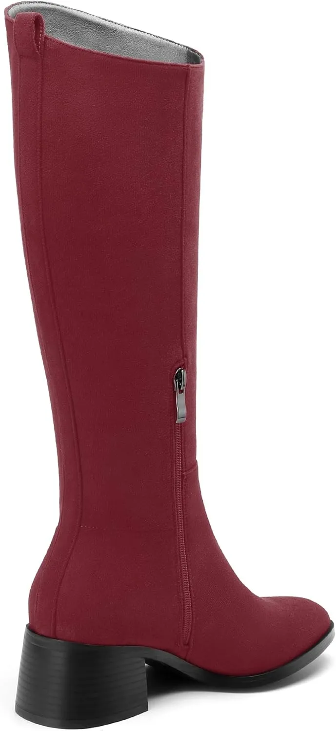 Womens Knee High Boots, Round Toe Low Block Heel Riding Boots, Cowboy Boots for Women, Chunky Heel Knee-high Tall Boots with Asymmetric Slant 2"