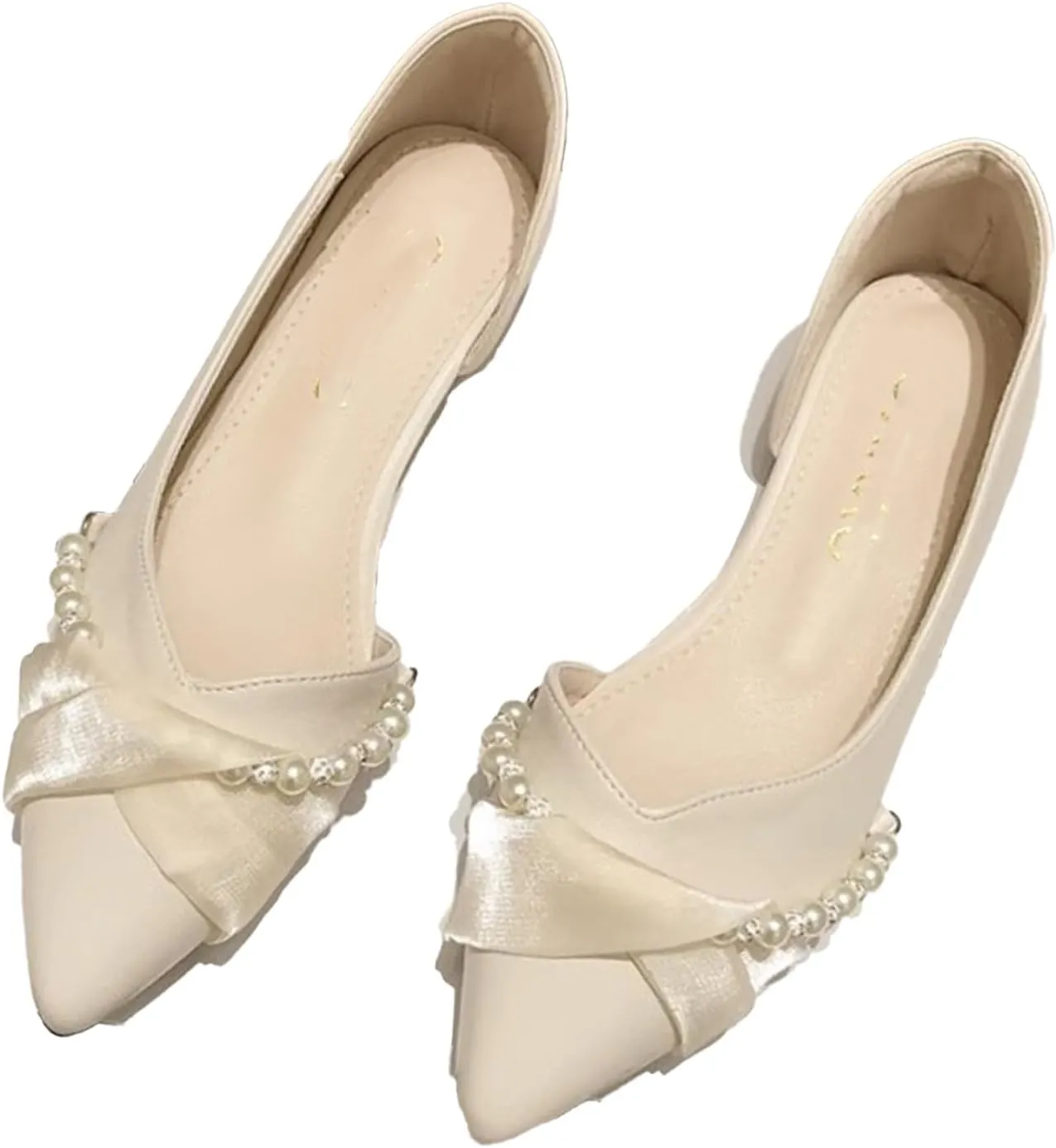 Women's Pointed Toe Ballet Flats with Pearl Chain Comfortable Soft-Soled Flat Mary Shoes Casual Dress Flats